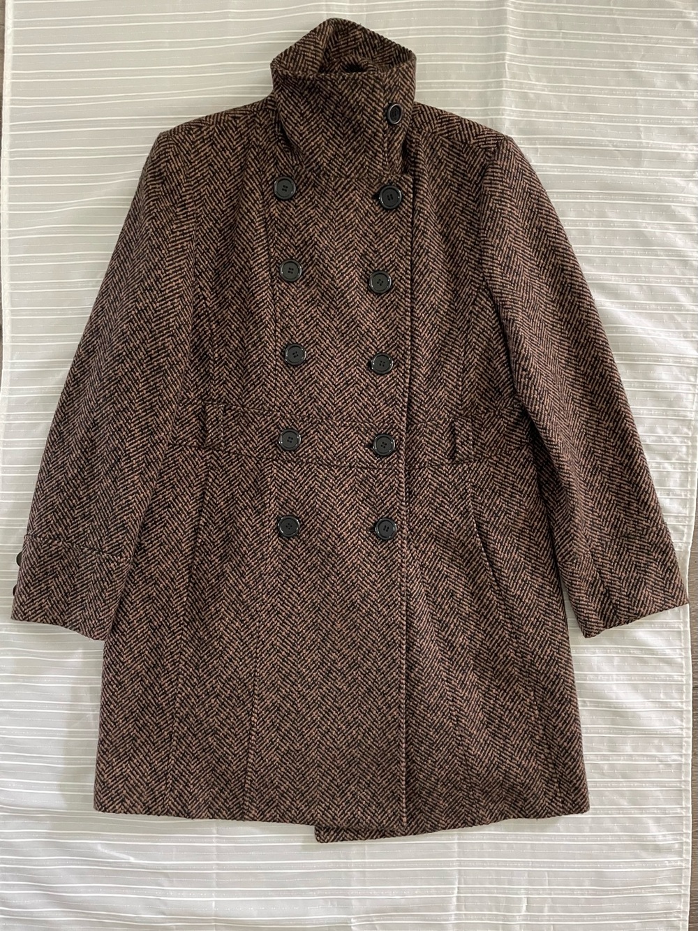 giacca Double-Breasted Brown Herringbone Pea Coat women's XL academia high-neck